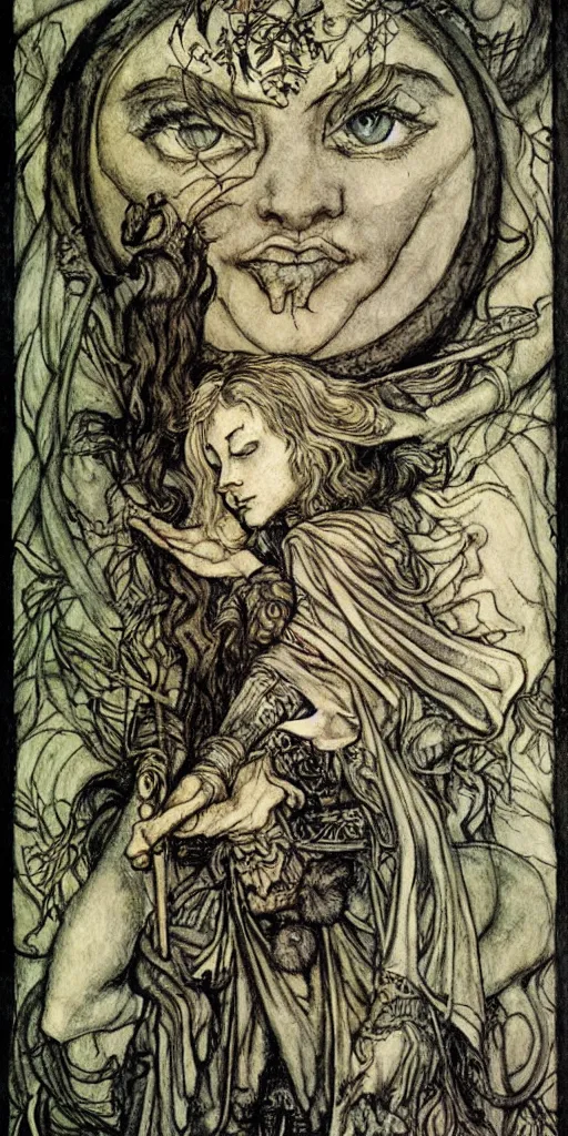 Image similar to tarot card detailed painting, illustration, tarot card framing with roman numbers, in style of Arthur Rackham