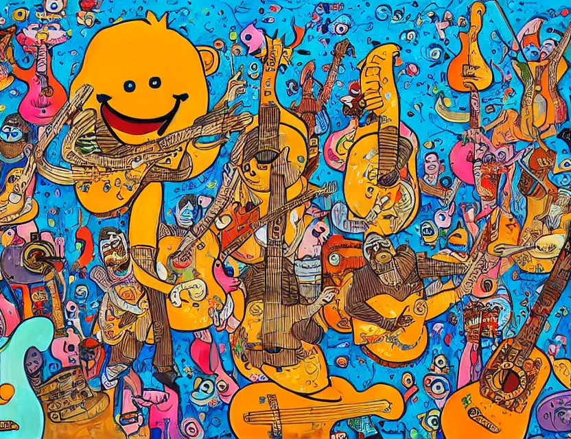 Image similar to a detailed painting of a concert by bananas with guitars while the gold fishes are stoned and smiling in the sky in the style of artist James Jean