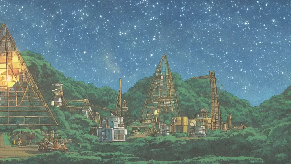 Image similar to a movie still from a studio ghibli film showing a huge industrial mining facility. a pyramid is under construction in the background, in the rainforest on a misty and starry night. a ufo is in the sky. by studio ghibli