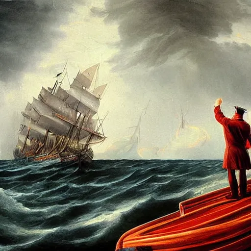 Prompt: Captain of a ship standing proudly at the helm in a storm, epic painting