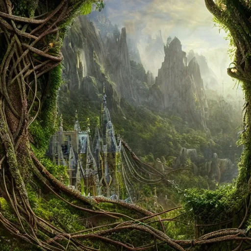 Image similar to a beautiful and highly detailed matte painting of an elven temple in a magical fantasy garden in a lush forest in the mystical mountains, celtic knots, tangled roots, knotted vines, intricate details, epic scale, insanely complex, 8 k, sharp focus, hyperrealism, very realistic, by caspar friedrich, albert bierstadt, james gurney, brian froud,