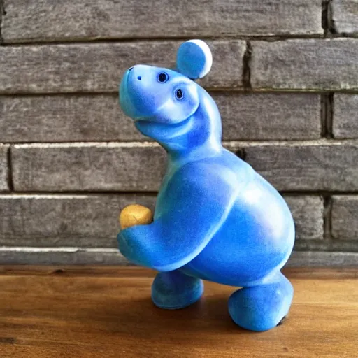 Prompt: expertly crafted etsy kids natural wood hippopotamus expertly fused with blue epoxy. the back of the wood shining hippo is made of blue epoxy. with a white photographers background.