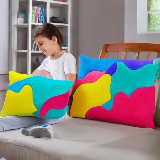 Image similar to Photograph of comfortable memory foam pillows designed by children, fun design, bright print, 8K HD, product shot