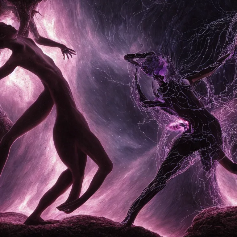 Image similar to still frame from Annihilation (2018) movie, dryad nymph sorceress flying through chaos nebula by wayne barlowe by caravaggio by giger by malczewski, 4k wallpaper