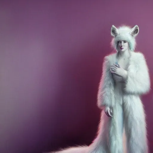 Prompt: a photo of a white fur monster standing in a purple room, diffuse lighting, fantasy, intricate, elegant, highly detailed, lifelike, photorealistic, digital painting, artstation, illustration, concept art, smooth, sharp focus, art by john collier and albert aublet and krenz cushart and artem demura and alphonse mucha