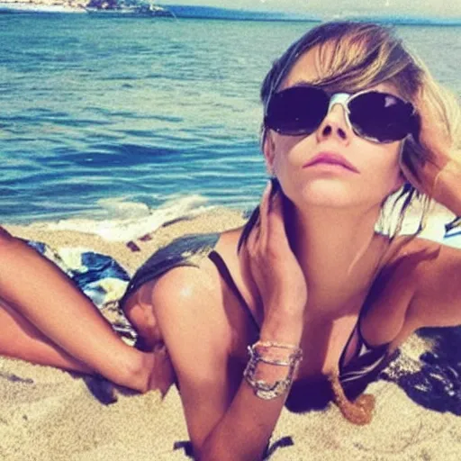 Prompt: “cara delevigne on the beach”