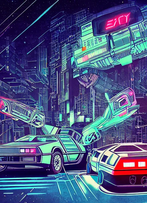 Image similar to portrait of a cyborg boy and a cyborg girl driving a delorean car in the middle of futuristic tokyo at night. diffuse neon light, dramatic landscape, fantasy illustration, matte painting by mucha