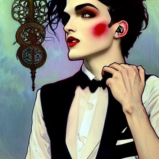 Image similar to beautiful portrait of androgynous ruby rose as desire from sandman in a white tuxedo!!!, rockabilly style, by alphonse mucha, cedric peyravernay, by jeremy mann, by frank moth, white suit and black tie, soft lightning, high detailed, 8 k