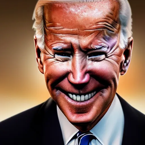 Image similar to joe biden smiling with blood in his face while behind him the world is burning, dramatic lighting, cinematic, establishing shot, extremly high detail, photorealistic, cinematic lighting, artstation, style by James Gurney