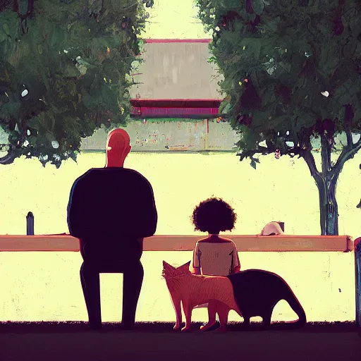 Prompt: a man and a woman sitting down with their white cat, the boy is bald with a brown baseball hat, the girl has short curly black hair, art by Alena Aenami