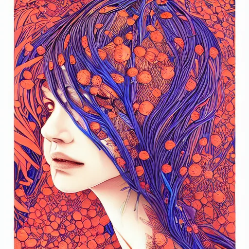 Image similar to the head of an incredibly gorgeous woman partially made of carrots and blueberries looking up, an ultrafine detailed illustration by james jean, final fantasy, intricate linework, bright colors, behance contest winner, vanitas, angular, altermodern, unreal engine 5 highly rendered, global illumination, radiant light, detailed and intricate environment