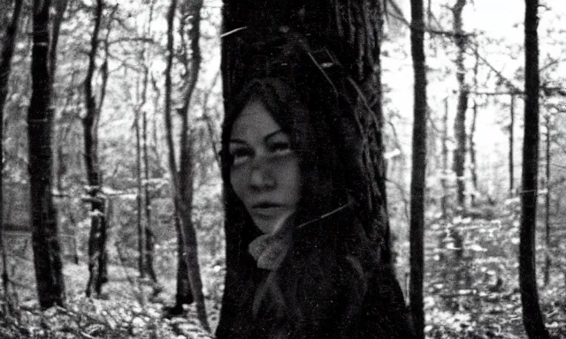 Image similar to hidden face looking at camera in forest at night, 70s photo, out of focus, motion blur, cctv footage, horror movie, horror lighting, blair witch project, old photo