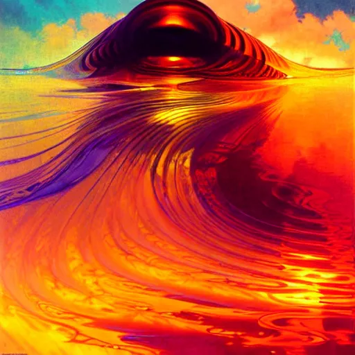 Image similar to transcendent mind bending indigo waves of glossy psychedelic liquid honey flowing like kaleidoscopic translucent amber, lsd waves, honey ripples, enlightenment, dramatic professional lighting, refracted sunset lighting, highly detailed, concept art, art by collier, albert aublet, krenz cushart, artem demura, alphonse mucha