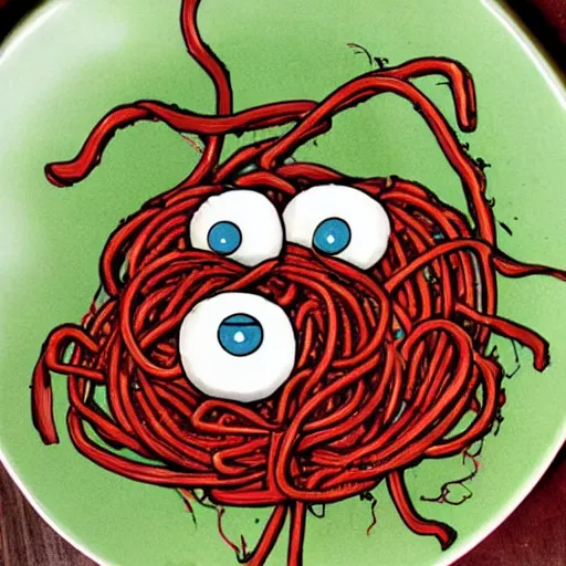 Image similar to Spaghetti monster with eyes on a plate in tomato paste, meatballs, people control, religion, comic book, takeover of the worlds, mind control