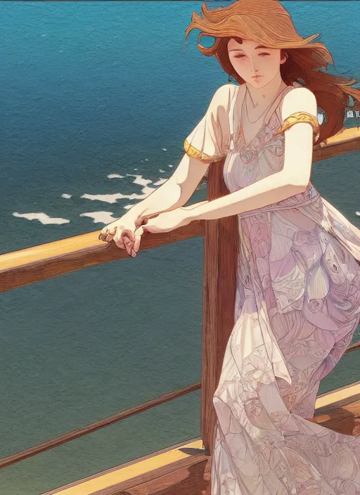 Image similar to pretty young woman leaning against the railing at the beach, path traced, highly detailed, high quality, digital painting, by studio ghibli and alphonse mucha, leesha hannigan, makoto shinkai, disney