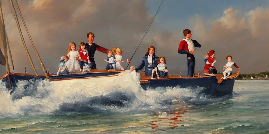 Image similar to beautiful oil painting of a family sailing on a very big luxurious sailboat in the Netherlands, happy