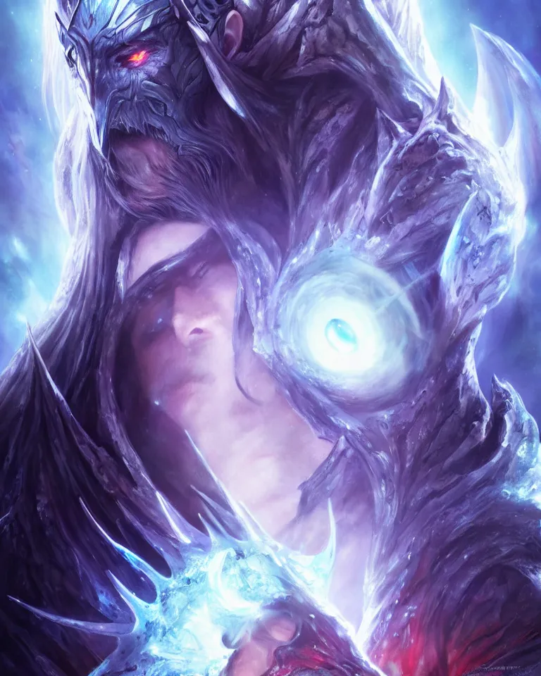 Image similar to beautiful cinematic fantasy poster, demon king of ice, beautiful glowing galaxy eyes, hybrid from The Elden Ring and art direction by Darius Zawadzki ;by artgerm; wayne reynolds art station; cinematic quality character render; low angle; ultra high quality model; production quality cinema model;