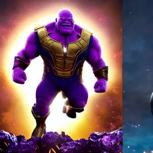 Image similar to a screenshot of a purple-skinned Danny Devito playing Thanos in Avengers Endgame