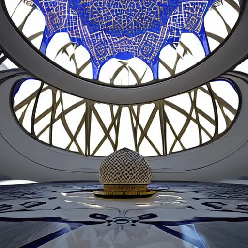 Prompt: mosque with dome by zaha hadid fantasy world