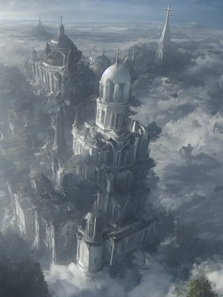 Image similar to a large dieselpunk airship is standing in the air over a splendid white church in russia, full morning sun, matte painting by greg rutkowski, markus vogt