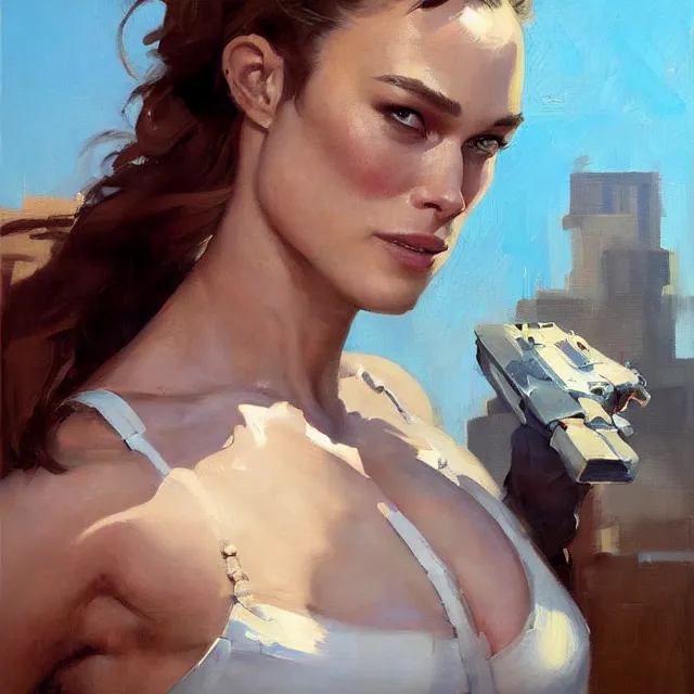 Prompt: greg manchess portrait painting of confident keira knightley as beautiful thick female bodybuilder zarya from overwatch, medium shot, asymmetrical, profile picture, organic painting, sunny day, matte painting, bold shapes, hard edges, street art, trending on artstation, by huang guangjian and gil elvgren and sachin teng