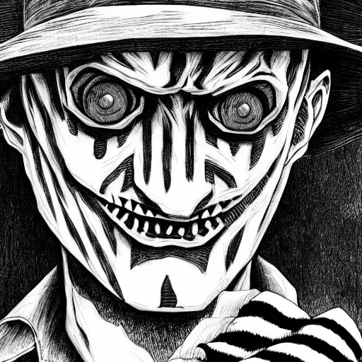 Image similar to Freddy Krueger portrait in the style of Junji Ito. Manga. Black & White. Gothic. Horror. Exquisitely detailed. 4K.