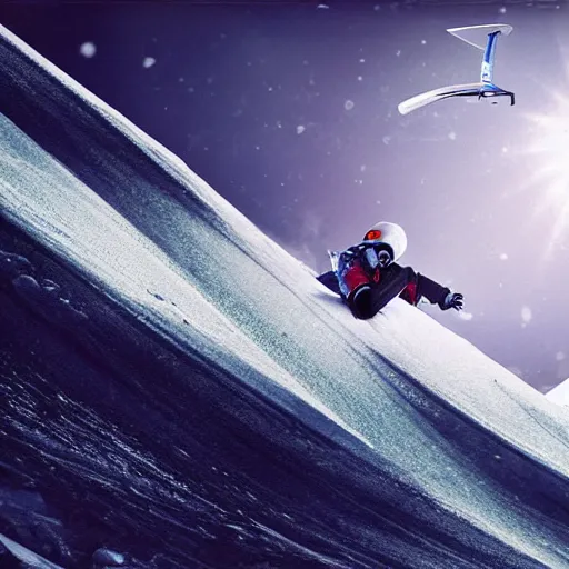 Image similar to snowboarder racing down a slope with a jet engine attached, scifi, futuristic, redline