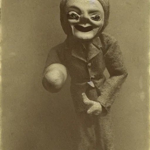 Image similar to a ventriloquist figure, ventriloquist dummy head, smiling, photograph, style of atget, nightmare, concept art, creepy