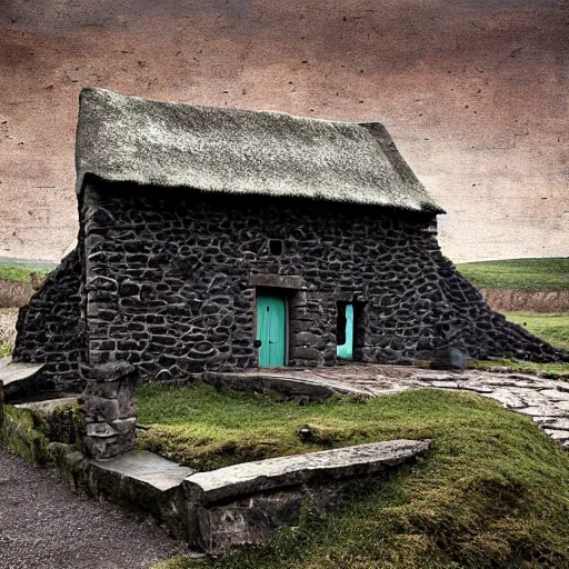 Image similar to medieval scottish blackhouse designed by constantin brodzki., fujinon premista 1 9 - 4 5 mm