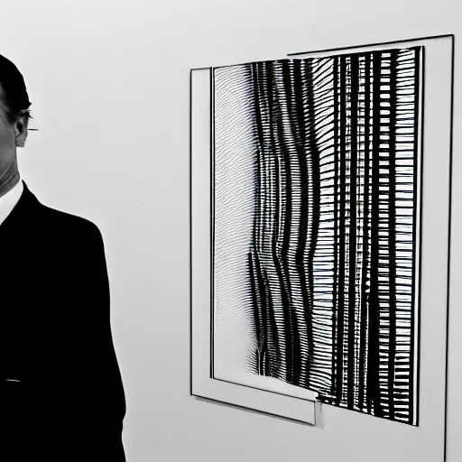 Image similar to a minimalist portrait of Marcel Duchamp holding computer cables in the style of Annie Leibovitz, Irving Penn, Hito Steyerl, Shinya Tsukamoto, Saâdane Afif, Alfredo Jaar line drawing and 35mm film, wide angle, monochrome, futuristic tetsuo