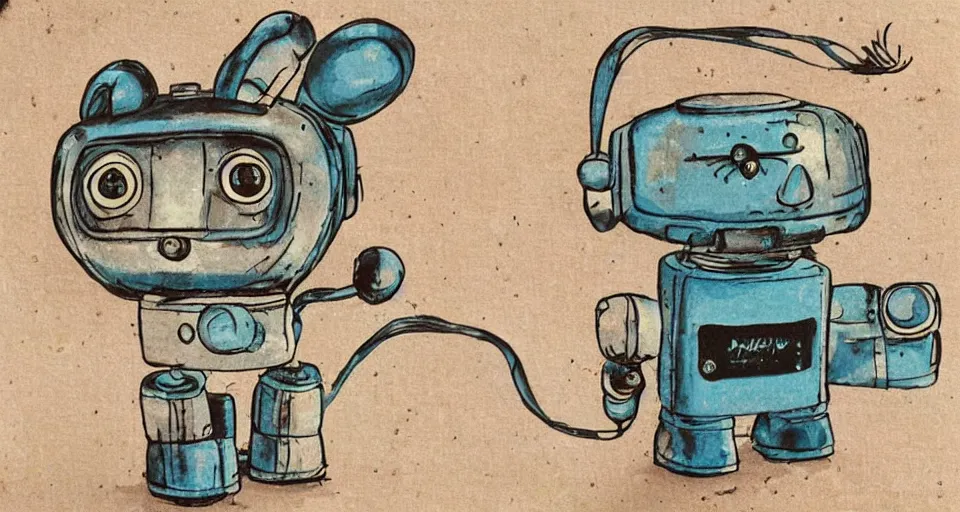 Image similar to a cute retro robot cat. alcohol inks on parchment, muted colors, detailed, textured parchment background, 1 9 5 0 s concept art