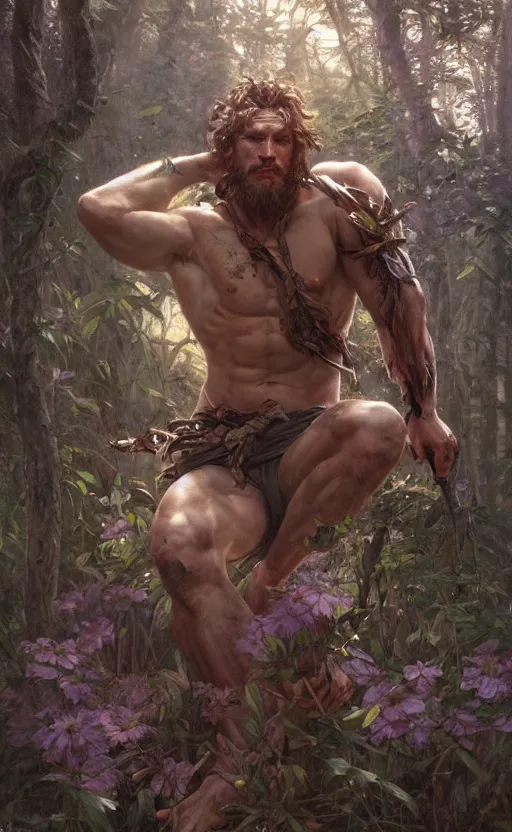 Image similar to god of the forest, 3 0 years old, rugged, handsome, male, detailed face, clean lines, atmospheric lighting, amazing, full body, thighs, flowers, muscular, intricate, highly detailed, digital painting, deviantart, concept art, sharp focus, illustration, art by greg rutkowski and alphonse mucha