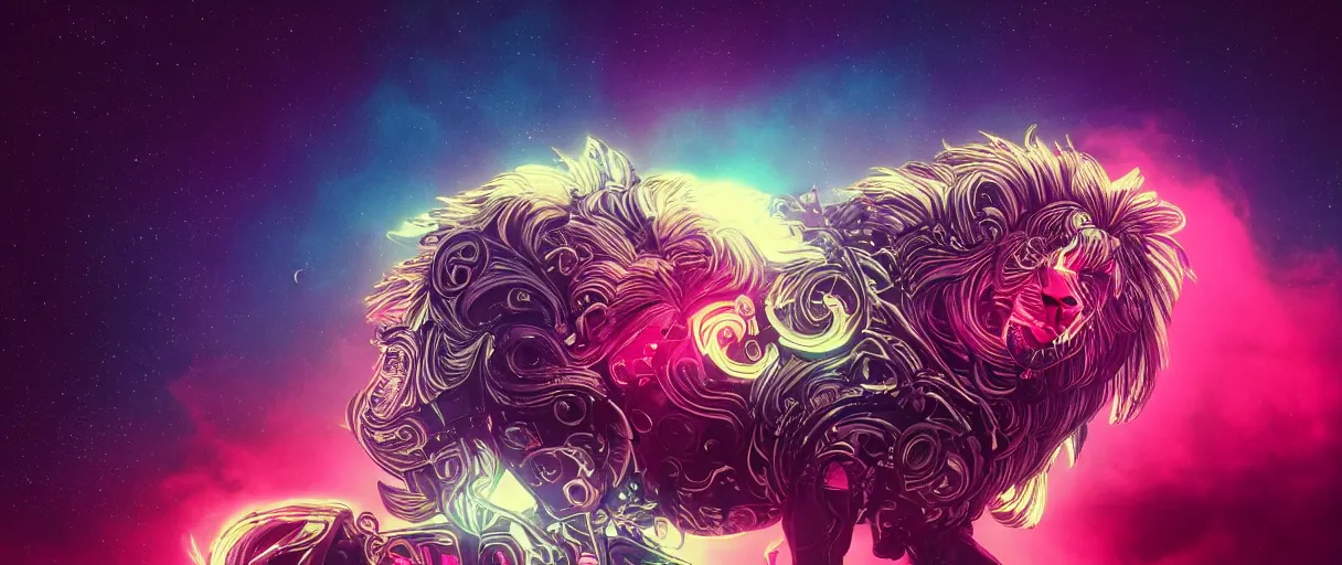 Image similar to space, a mechanical lion with a pink neon mane, punk, hyperdetailed illustration, stars, pink, neon, oil painting, rich deep colors masterpiece, pirate neon ship, ultra detailed, contrast, heaven pink, clouds, volumetric light, atmospheric lighting, dramatic, cinematic, moody, octane render 4 k, 8 k