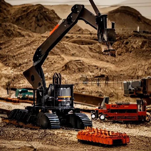 Image similar to giant scary treaded mining automated machine robot with drill, mining scrap metal, highly detailed body, retro, industrial, dark, dystopian, apocalyptic, clean, 8 5 mm f / 1. 4