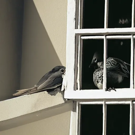 Image similar to Man realizes birds aren't real anymore, they never were. Man comtemplates deeply on this while watching birds out his window.