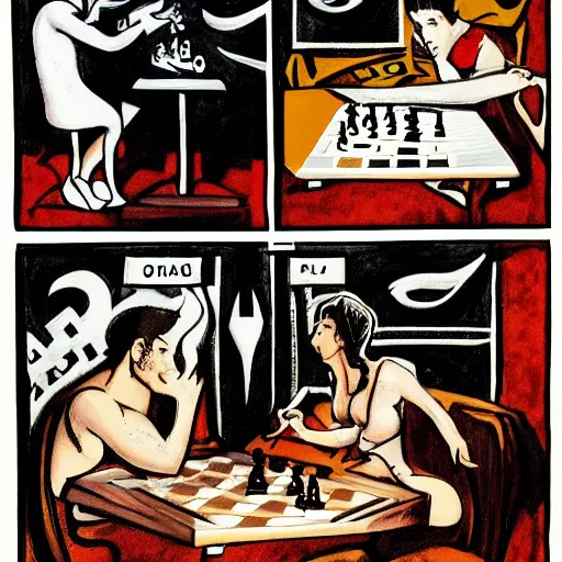 Image similar to dream and desire playing a match of chess, comic art