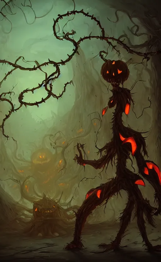 Image similar to fantasy monster concept art, a jack o lantern monster with vines for a body walking down a street of nightmares, dynamic lighting, photorealistic, trending on art station, stunning visuals, creative, cinematic, ultra detailed, atmospherical, ambient lighting, scary art, eery art