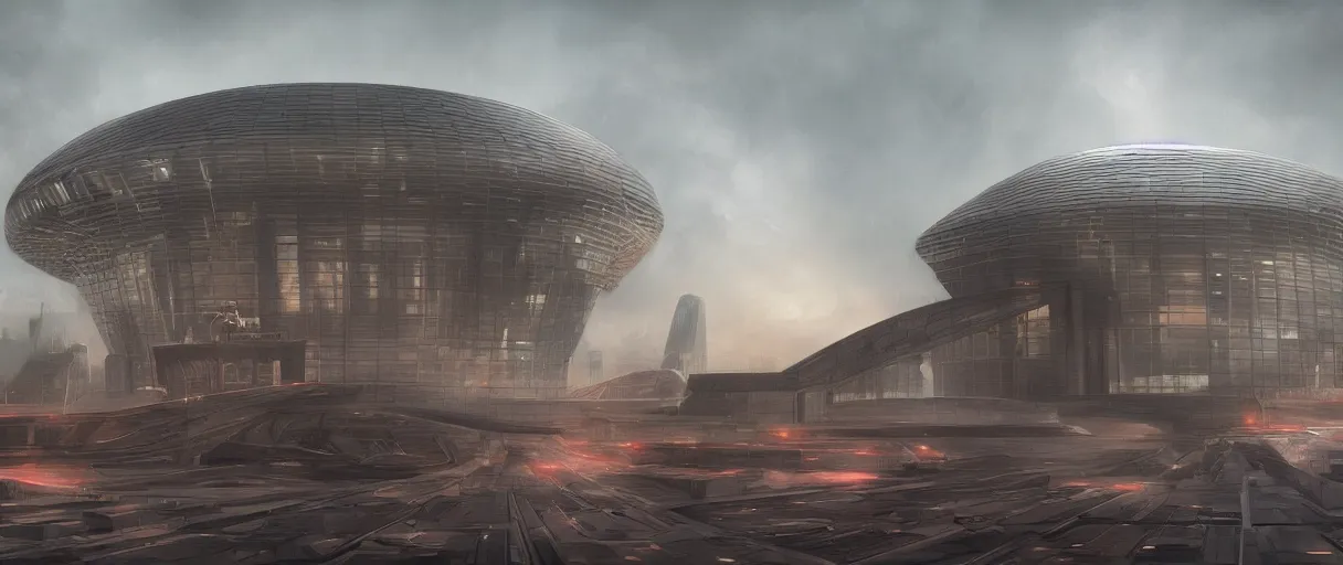 Image similar to dystopian reichstag Germany, futuristic digital painting, concept art, skyline in back, in the style of Ralph Mcquarrie, warm lighting, trending on artstation, high detail, sci fi, bright colours, vivid colours