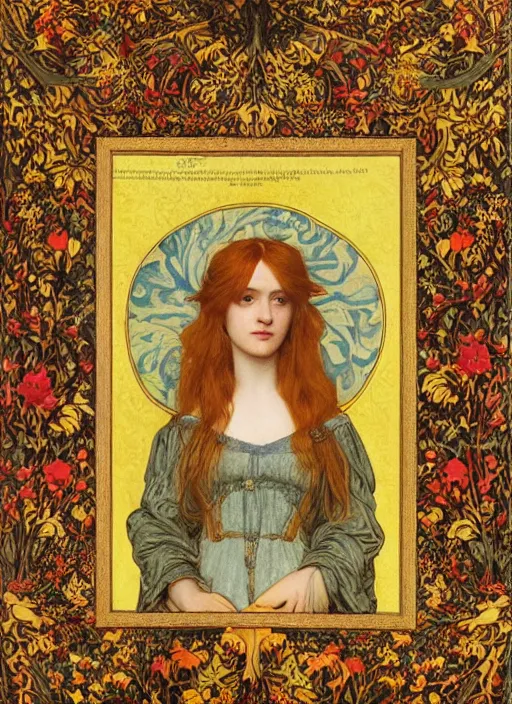 Prompt: seductive masterpiece of preraphaelite portrait photography, hipster hair fringe, yellow ochre ornate medieval dress, william morris and kilian eng and mucha, framed, 4 k