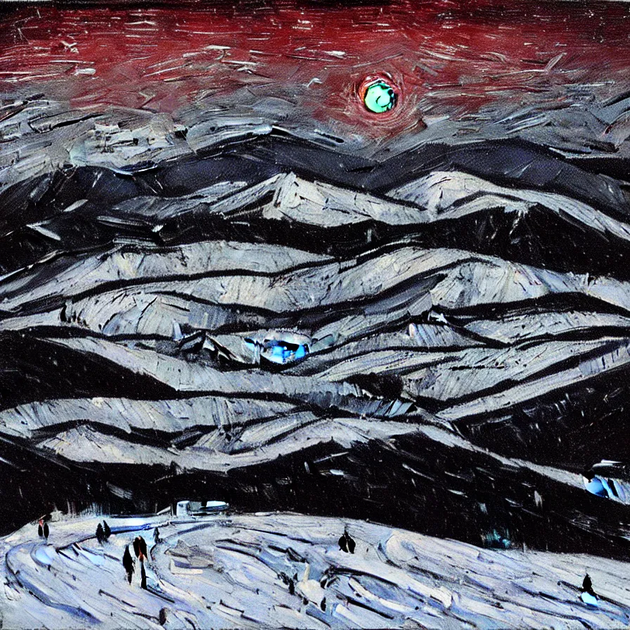 Image similar to thick impasto textured oil black and white painting of the laurentian appalachian mountains in winter by vincent van gogh, unique, original and creative landscape, snowy night, distant town lights, aurora borealis, deers and ravens, footsteps in the snow, brilliant composition