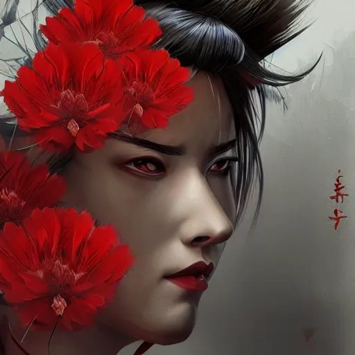 Prompt: samurai with red flowers on background, artstation, cgsociety