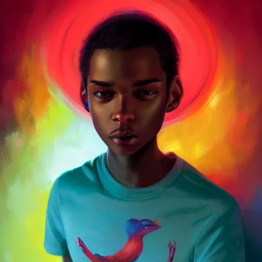 Image similar to colorful and festive captivating teenager with straight brown hair covering his eye, dark skin, big lips, big eyes, wearing a red t - shirt. rich vivid colors, ambient lighting, dynamic lighting, 4 k, atmospheric lighting, painted, intricate, highly detailed by charlie bowater