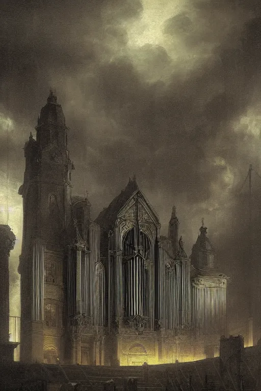 Image similar to dark fantasy matte painting of a city-size pipe organ at night, dark stormy weather by beksinsky and Goya, fine detail