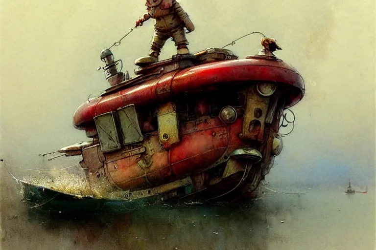 Image similar to adventurer ( ( ( ( ( 1 9 5 0 s retro future robot android mouse house boat tug boat calm stream. muted colors. ) ) ) ) ) by jean baptiste monge!!!!!!!!!!!!!!!!!!!!!!!!! chrome red