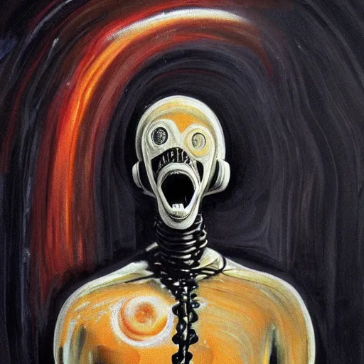 Image similar to realistic robot in The Scream painting inspired by Spaghettification, Mazarineee, artstation