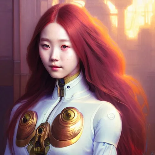 Image similar to portrait painting of a cyborg chuu from loona smiling, ultra realistic, concept art, intricate details, eerie, highly detailed, photorealistic, octane render, 8 k, unreal engine. art by artgerm and greg rutkowski and magali villeneuve and alphonse mucha