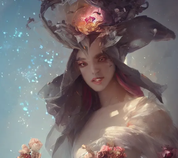 Prompt: beautiful girl necromancer covered with crystals exploding ice, 3 d render, hyper realistic detailed portrait, holding magic flowers, ruan jia, wlop. scifi, fantasy, hyper detailed, octane render, concept art, peter mohrbacher
