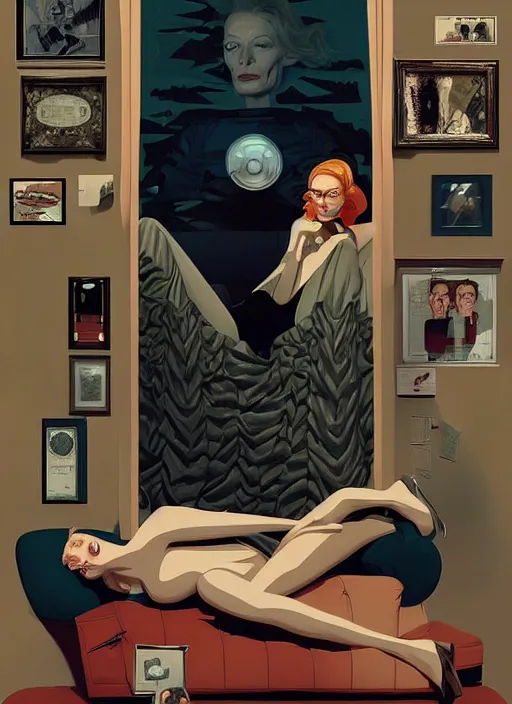 Image similar to Twin Peaks poster artwork by Michael Whelan, Bob Larkin and Tomer Hanuka, Karol Bak of portrait of radio host Tilda Swinton!!!!!!!!!! lounging in her radio sound booth, alone, late at night, from scene from Twin Peaks, simple illustration, domestic, nostalgic, from scene from Twin Peaks, clean, cover of New Yorker magazine