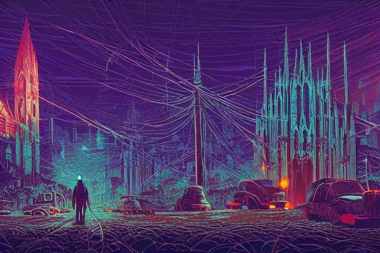 Prompt: a gothic cathedral dan mumford and josan gonzalez and simon stalenhag, cyberpunk, electric wires