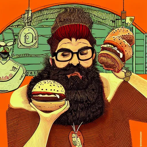 Prompt: beard man angry with italian burger. symmetrical anatomy, very intricate details, digital art, baroque, pop punk art style, colorful, accompanied by body, without duplication, dribble popular, artstation trending, drawn by ilya kuvshinov and iwan suastika and vinicius gud and gustavo zambelli, intricate, balance rendered.